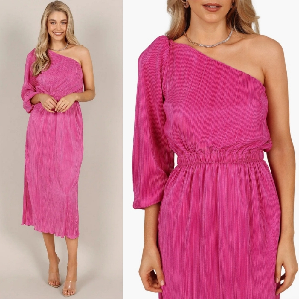 Petal & Pup One-Shoulder Fuchsia Pleated Midi Dress